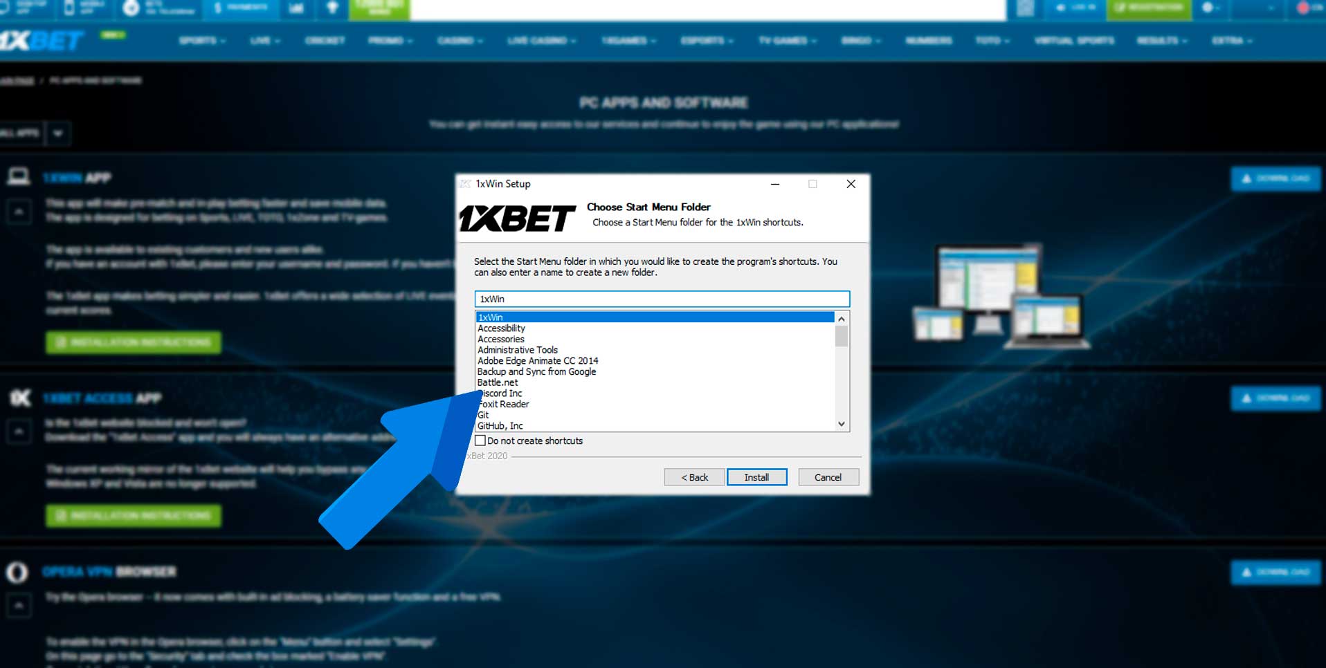 Create a free folder to install 1xbet there