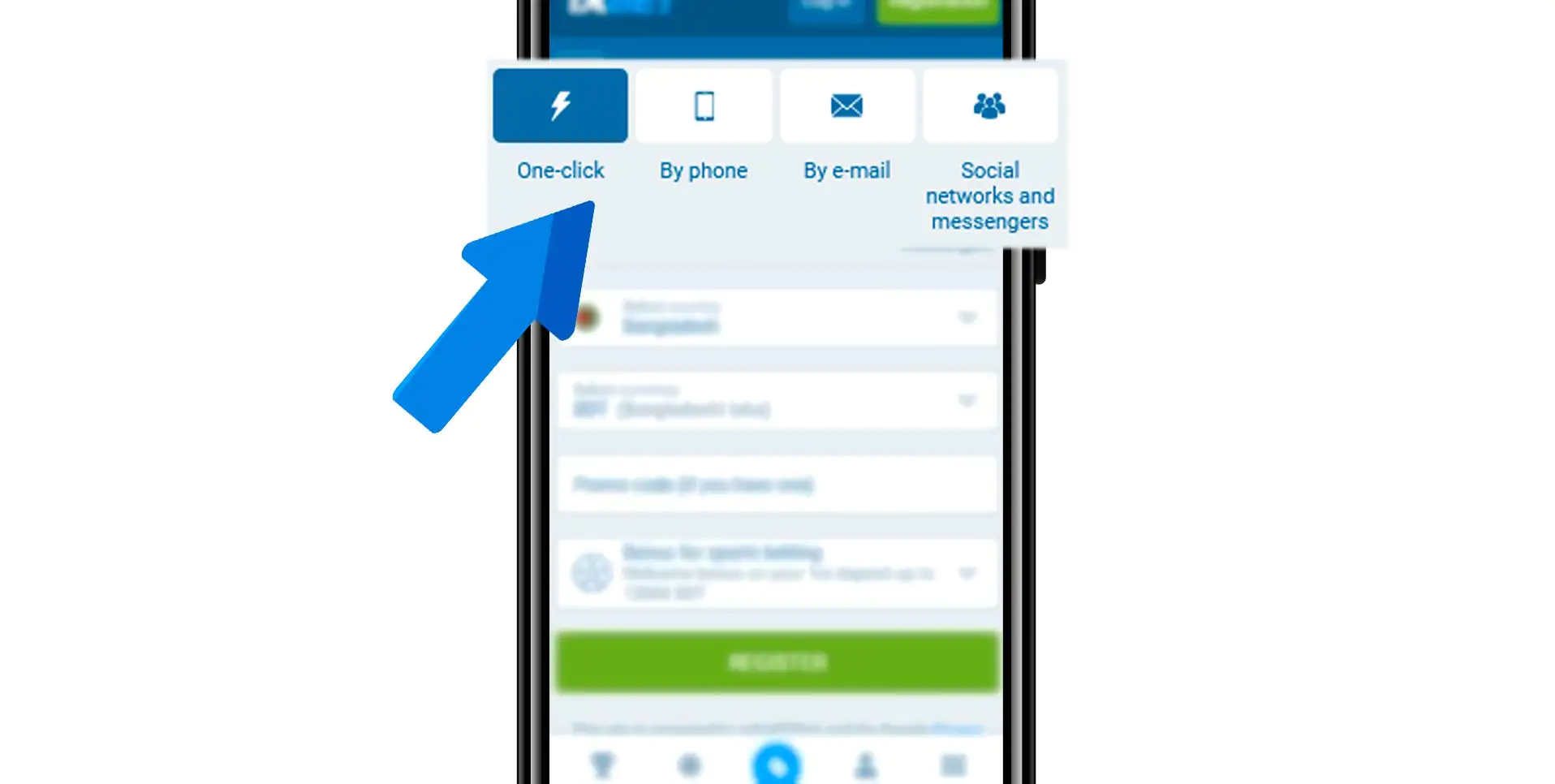 Selecting the desired registration method in the application