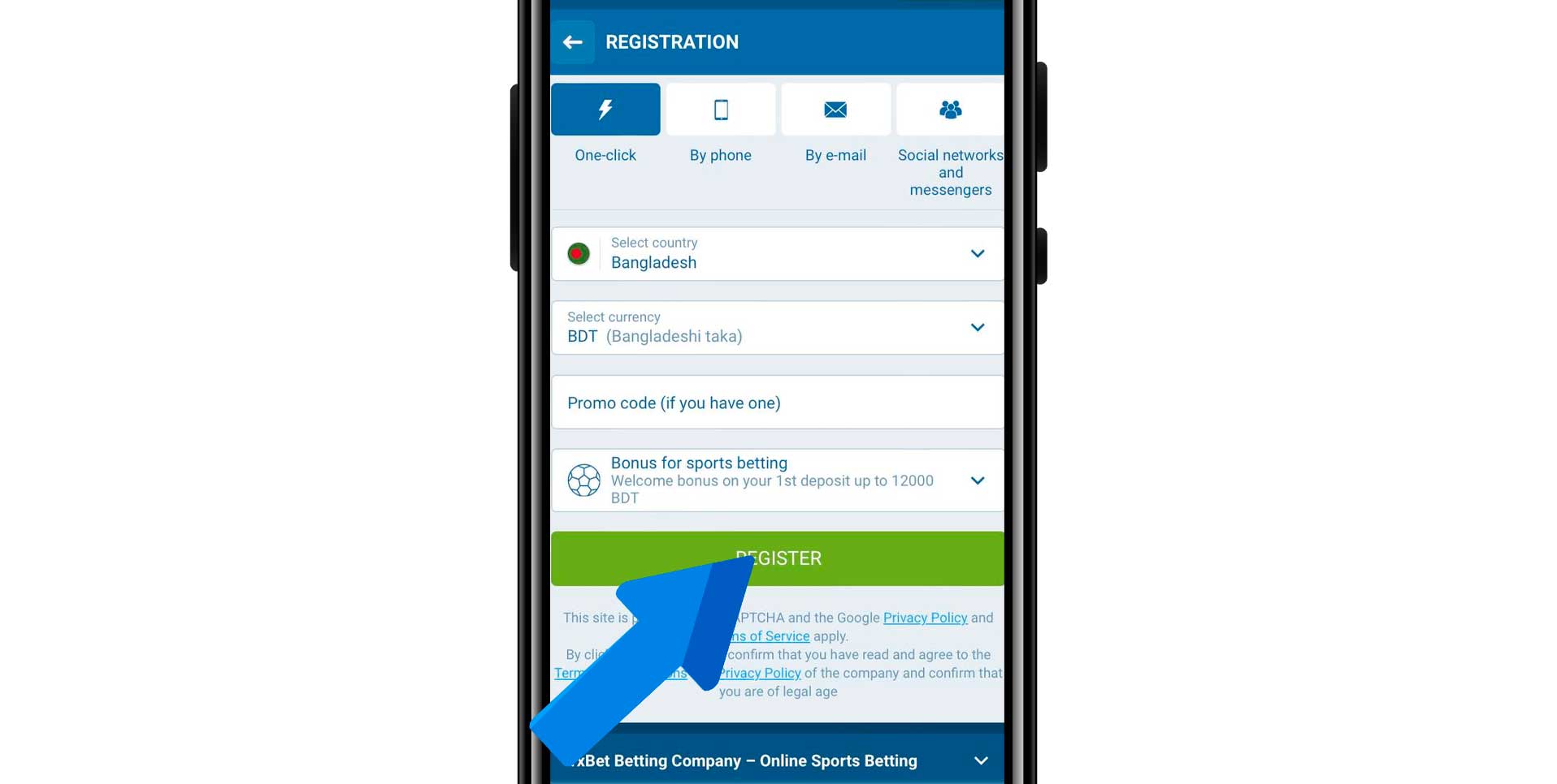 User account registration in the 1xbet app